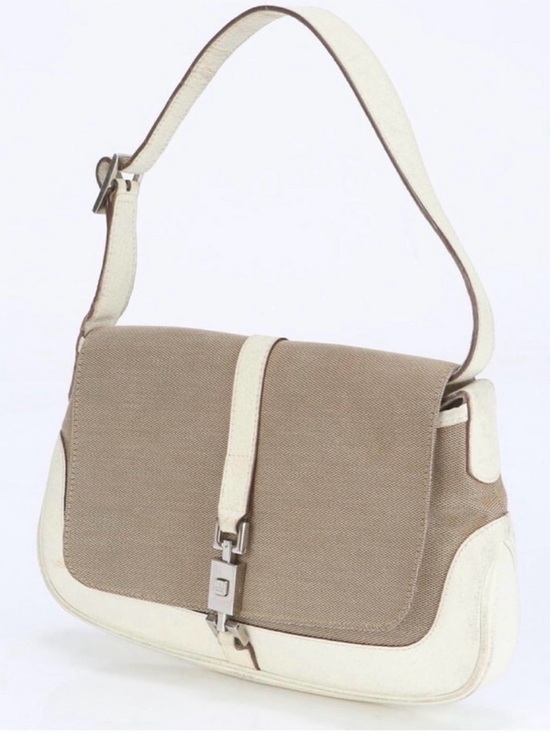 Gucci Handbags - Rare Auth Gucci Jackie Mini Beige linen canvas Cream leather Shoulder Bag small